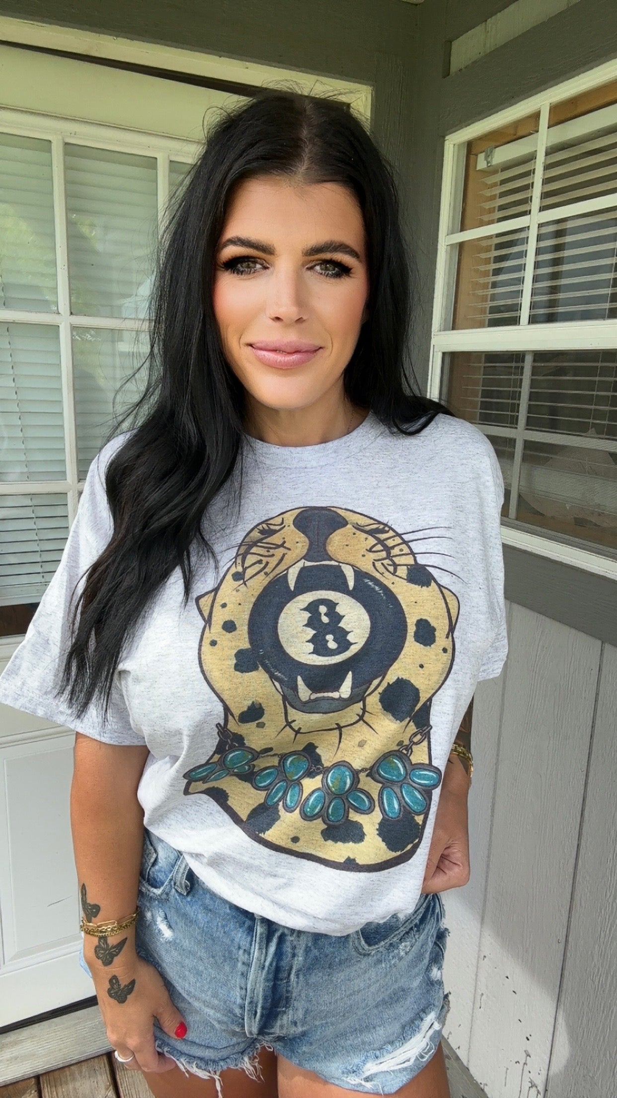 Leopard 8 ball turquoise tee