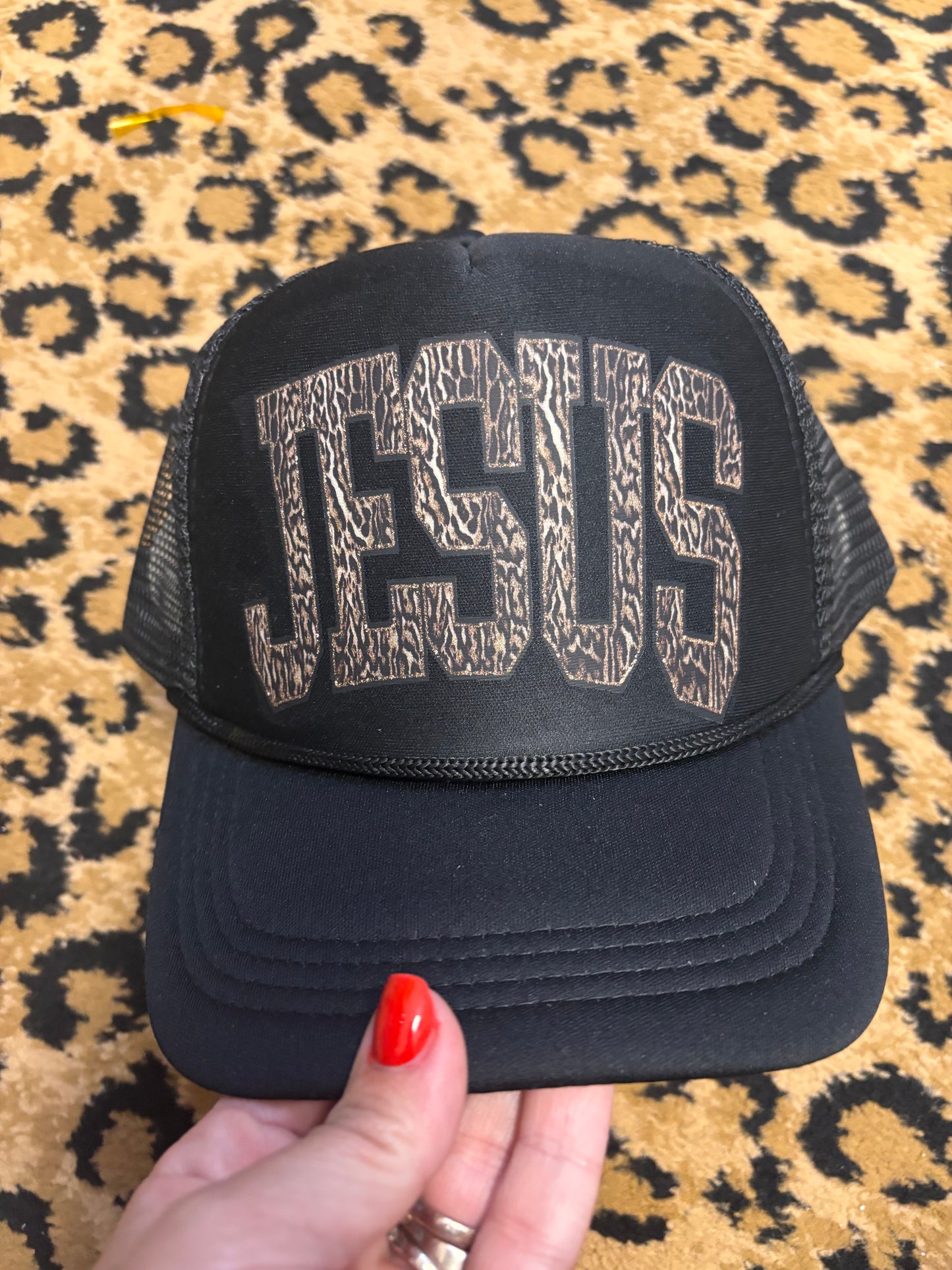 Leopard Jesus trucker hat