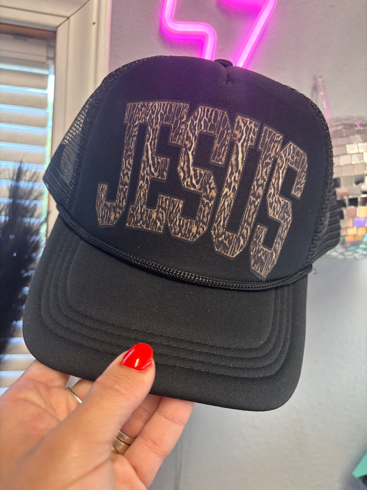 Leopard Jesus trucker hat