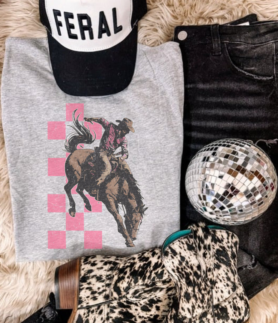 PINK CHECK BRONC RIDER SUB TEE