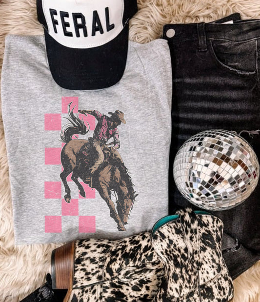 PINK CHECK BRONC RIDER SUB TEE