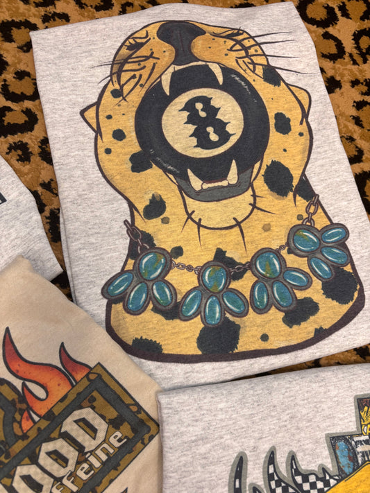 Leopard 8 ball turquoise crew