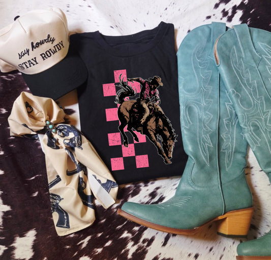 PINK CHECK BRONC RIDER  JERZEE TEE DTF