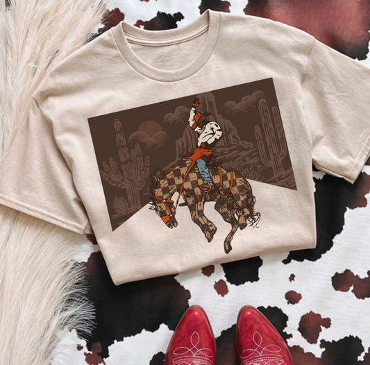CHECKERED BRONC RIDER  JERZEE TEE DTF
