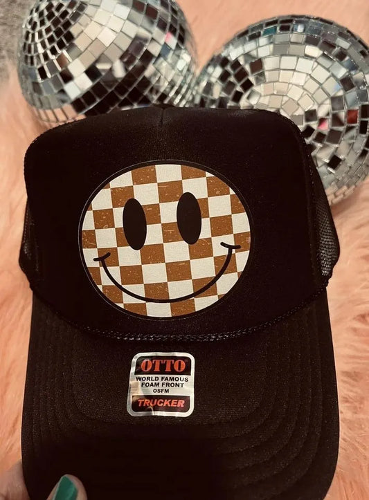 BROWN CHECK SMILEY TRUCKER HAT