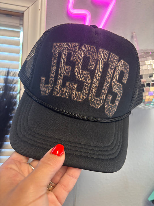Leopard Jesus trucker hat